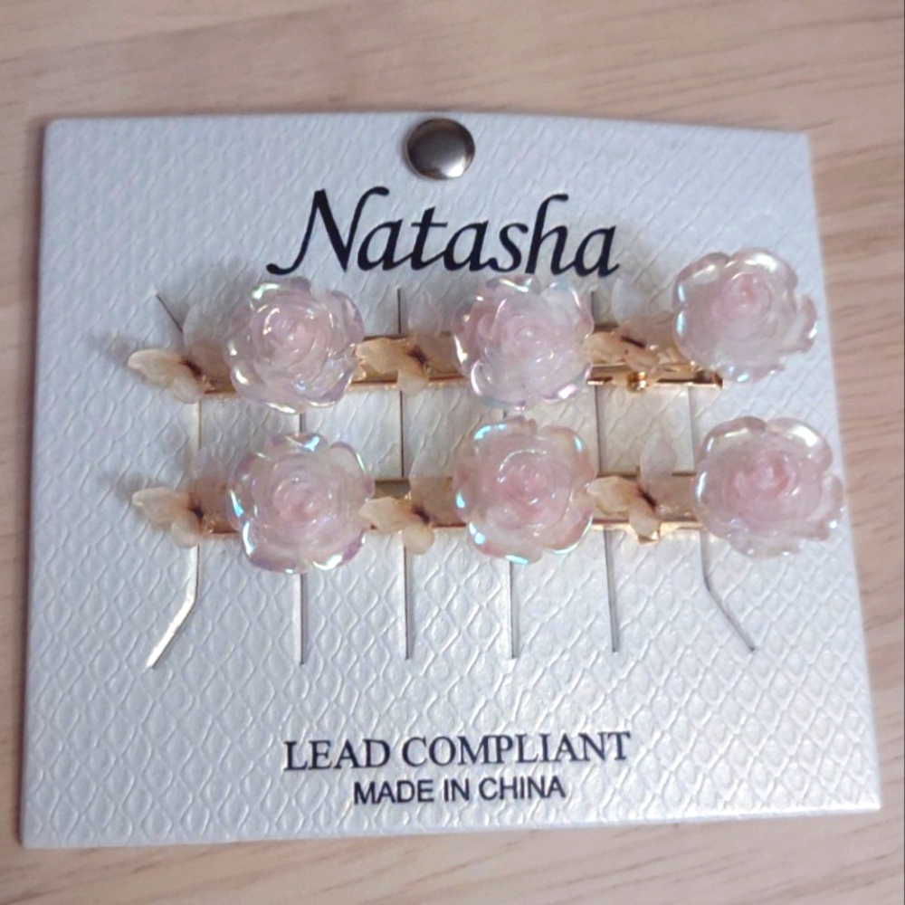 Natasha Rose Pink Pearlescent Crystal Floral Gold Hair Pin Accessory Y2K
